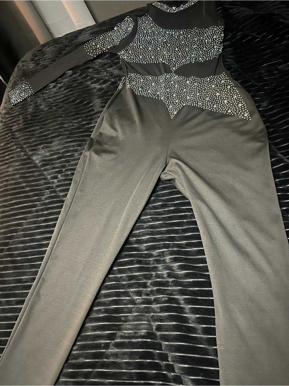 Black Long-Sleeve Rhinestone-Embellished Jumpsuit